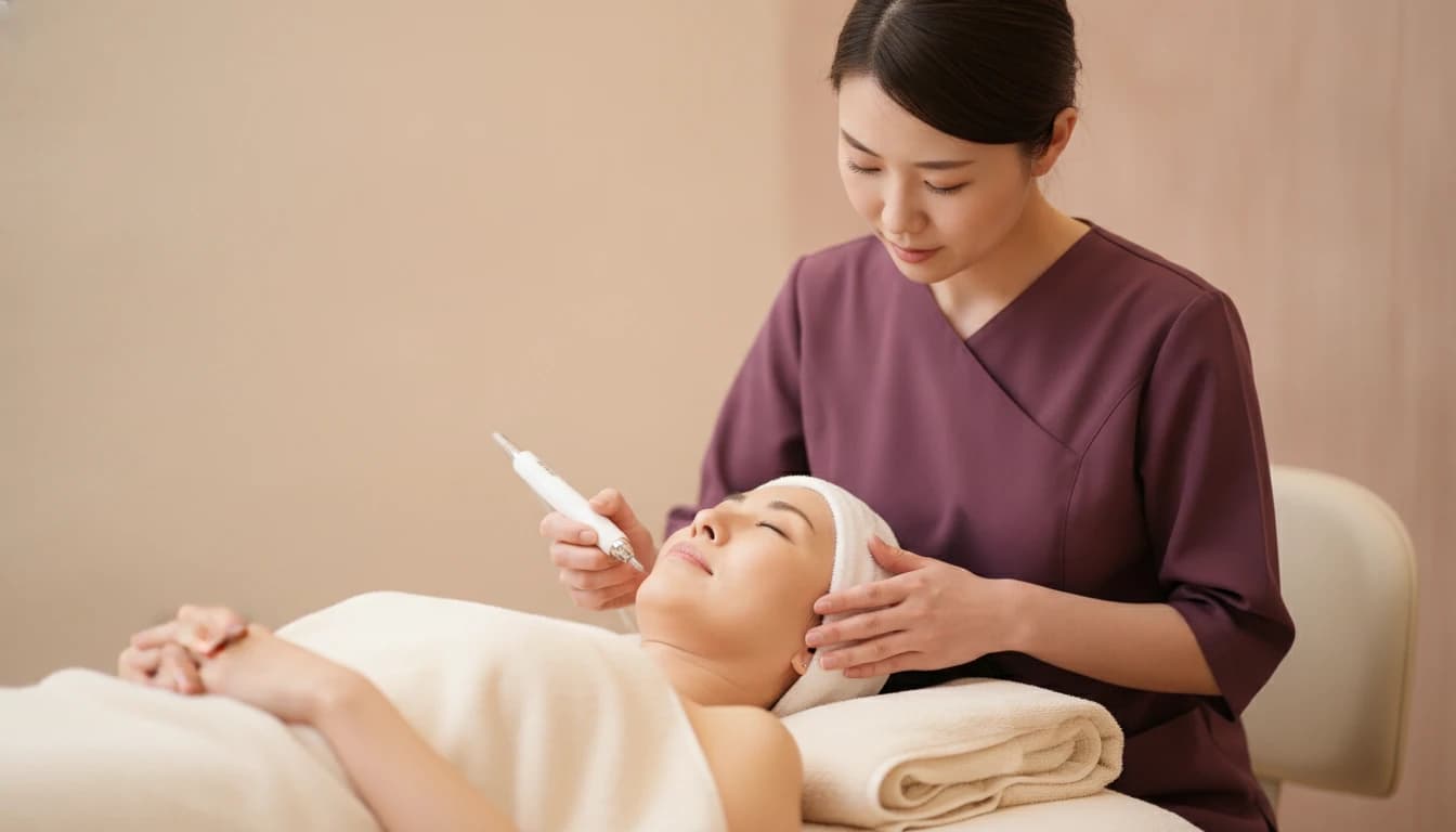 A beautician gliding a slim microneedling pen along a reclining client's cheek, a soft towel at her hairline.